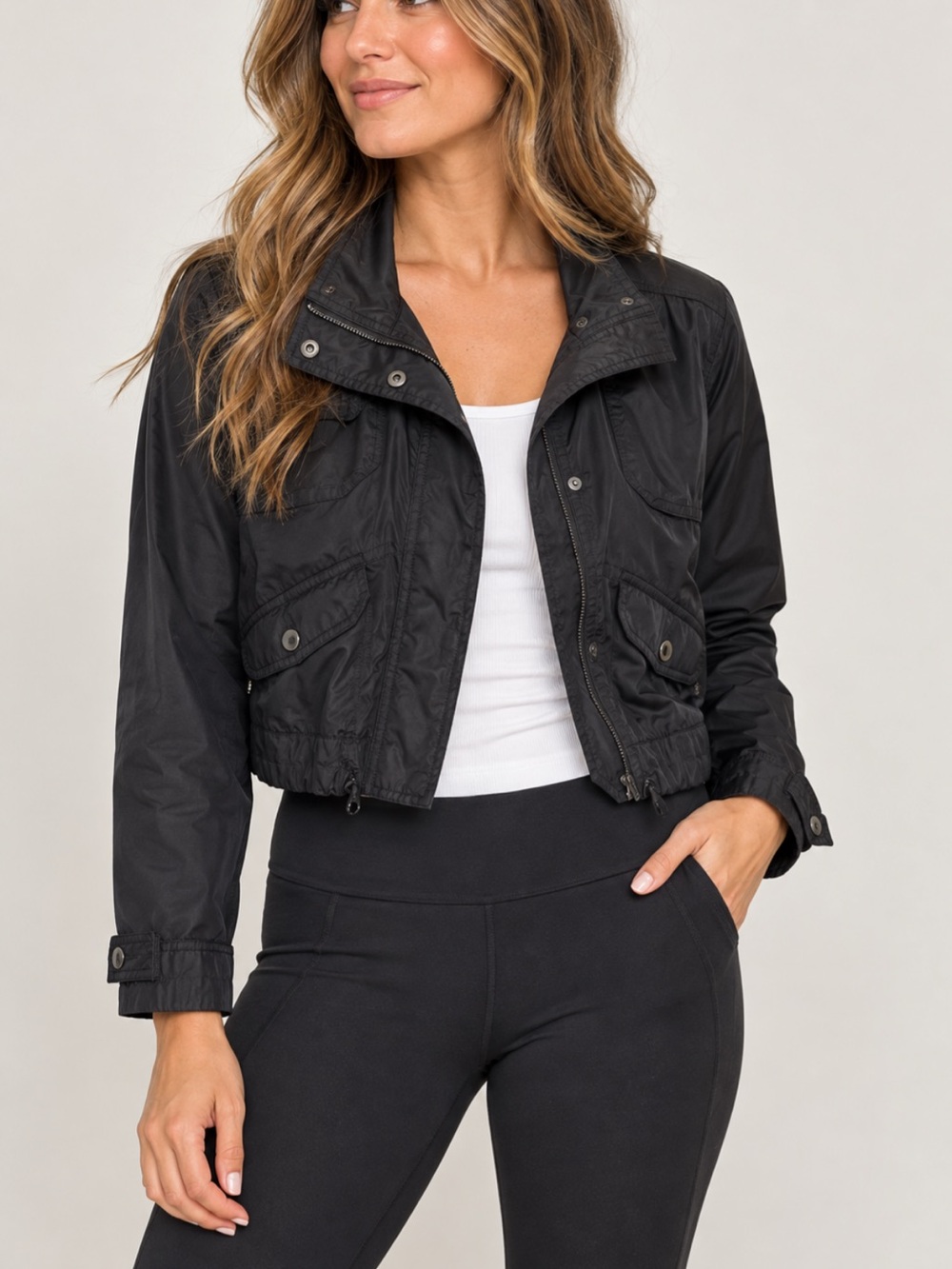 Athleta Journey Cropped Jacket Black Moto Athleisure Size Small 594966